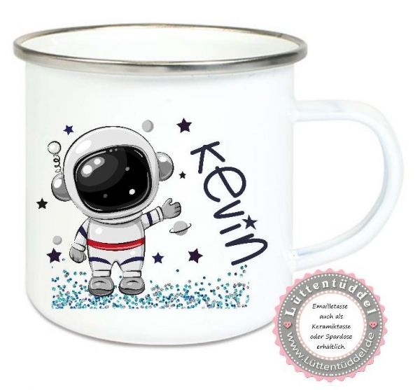 ♥ zauberhafte Tasse Emailletasse Becher  Astronaut, Name, Wunschname, Sterne KITA Kindergarten, Geburtstag, Einschulung, Kindergeburtstag, Dankeschön, Abschied, Jubiläum, Geschenk, Becher von Lüttentüddel - Kopie